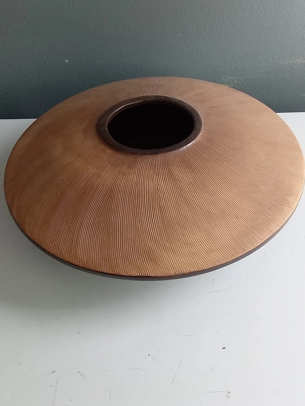 Vintage Studio Pottery Ikebana Vase Textured Terracotta UFO Sunburst Centerpiece